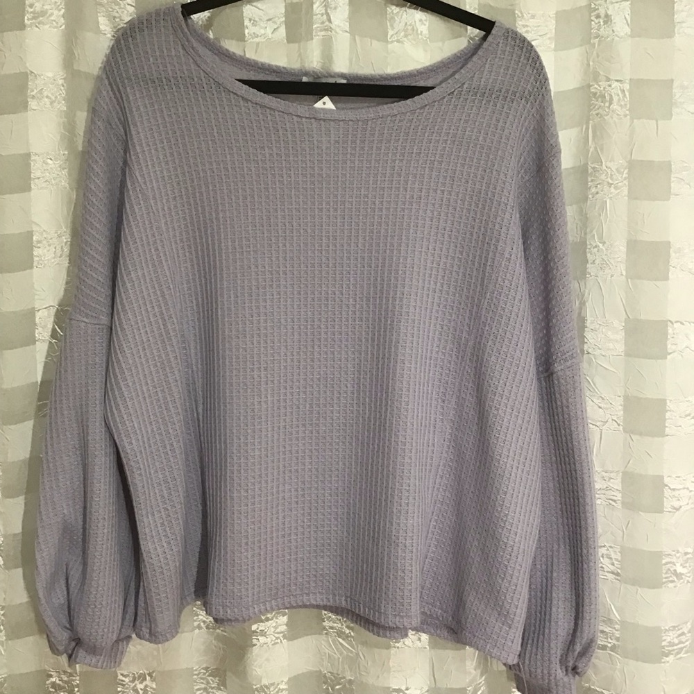 White Birch Lilac Waffle Weave Wide Neck, Balloon Sleeve Top, Size L